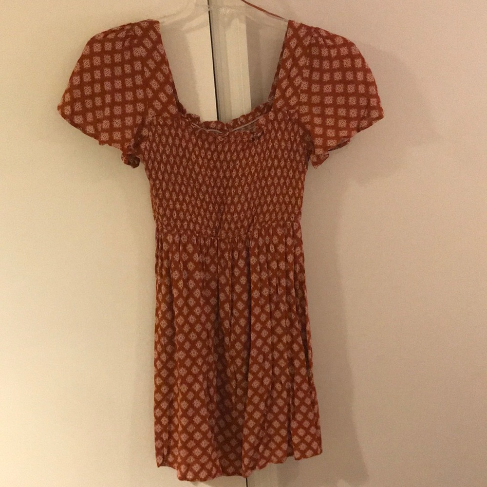 Rust and cream print smocked top mini dress